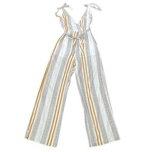 Luxxel Sleeveless V-Neck Striped Tie Shoulder Slit Leg Casual Jumpsuit